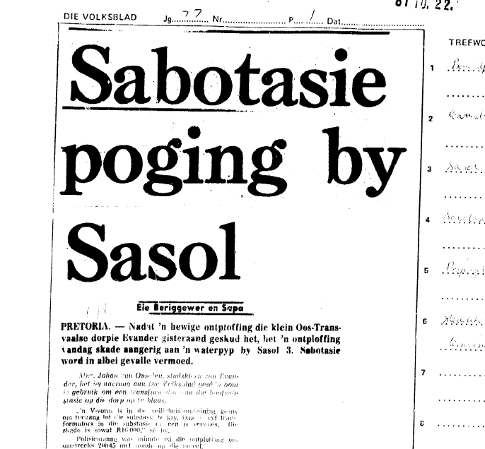 Sabotasie poging by Sasol, Die Volksblad, 22 October 1981